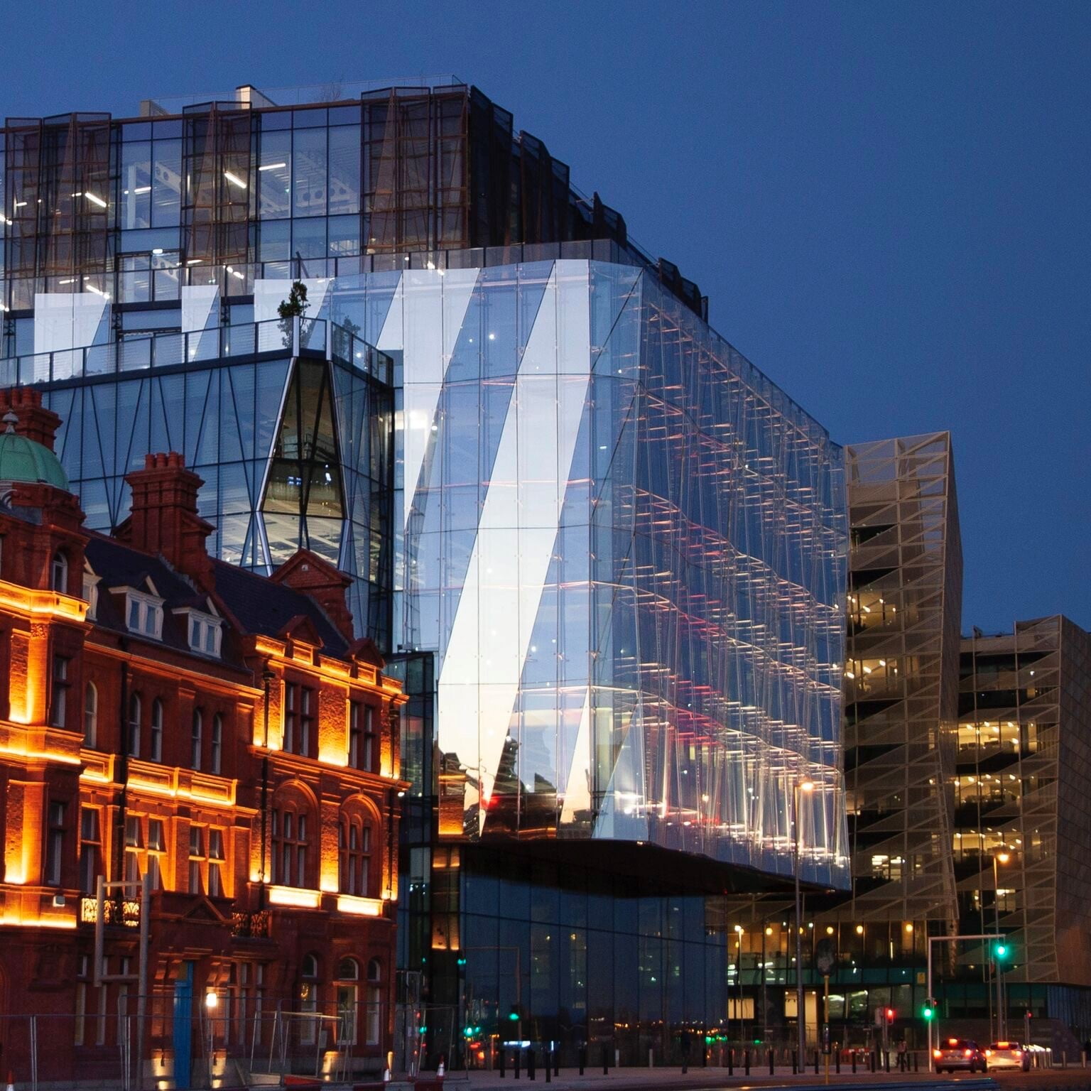 NWQ Elevation - Night A night time picture of the salesforce tower and the Dalata hotel.